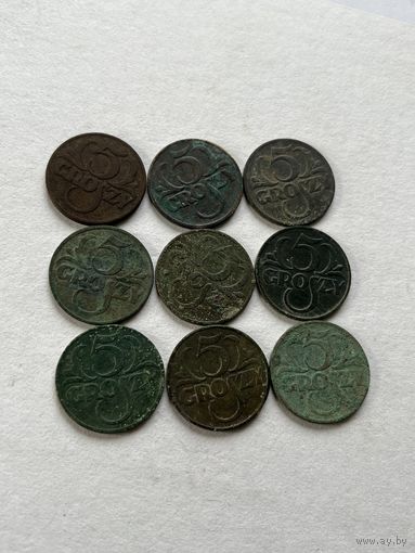Польша 5 грошей 9 шт
