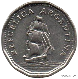 РЕСПУБЛИКА АРГЕНТИНА 5 ПЕСО 1961. КОРАБЛЬ ПАРУСНИК Фрегат "Президент Сармьенто"