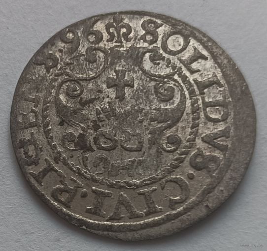 Рыжскi Кiрмаш! Солид 1596-2, Рига, Сигизмунд III. Остатки блеска