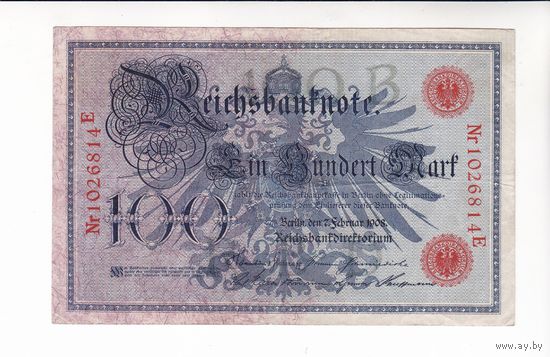 100 МАРОК 1908 ГЕРМАНИЯ КРАСНАЯ ПЕЧАТЬ