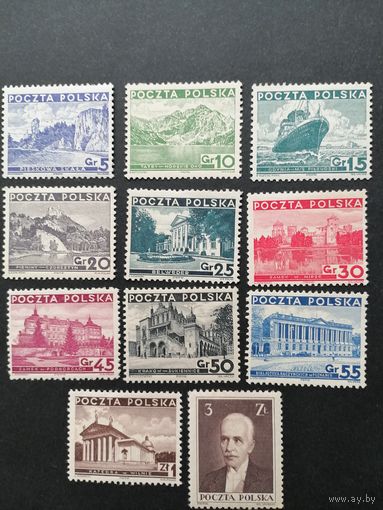 Польша 1935 Полная серия марок "Различные достопримечательности Польши и Президент Польши Игнаций Мосцицкий" (чистые* на некоторых следы от наклеек на одной наклейка) Mi.301-311 каталог 40.00 евро