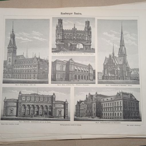 Hamburger Bauten. Энциклопедическая гравюра конец 19в. Германия. 31х24см.