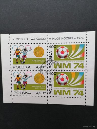 Польша 1974 Блок Mi.59 с 4 марками серии "Чемпионат мира по футболу в Германии" (гашение без клея и без наклеек) марки Mi.2315-2316 каталог 12.00 евро