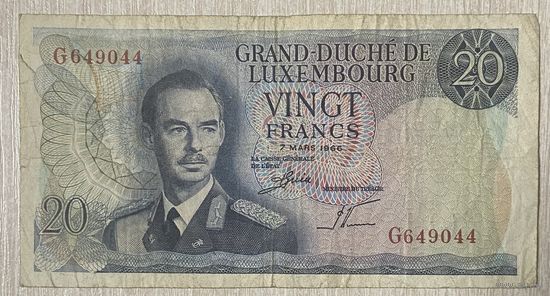 Банкнота Люксембург 20 франков 1966 Великий герцог Жан. Плотина реки Мозель.