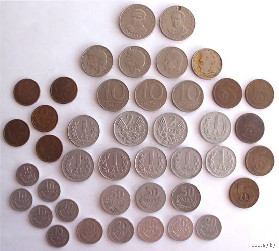 Польша 1, 2, 5, 10, 20 злотых 10, 20, 50 грошей 1957-1987 42 монеты одним лотом
