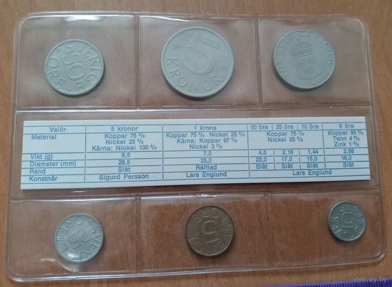 Полный годовой набор Шведских монет 1977 год в заводской запайке. С описанием состава металла в монетах. Eskilstuna