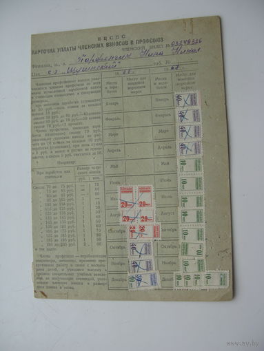 1966 г. Карточка уплаты профсоюзных взносов