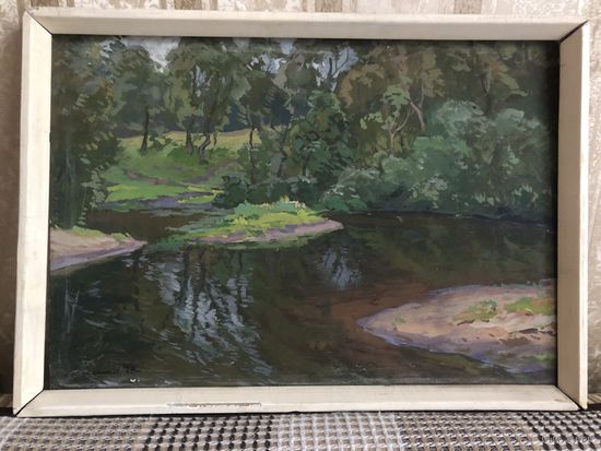 Картина Тихая заводь. Лотерейная. 1979 г. Худ. Каргаполов Ю. А. Картон, темпера. 34.5 х 50 см.