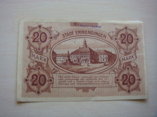 Германия 20  марок  1918 год Эммендинген