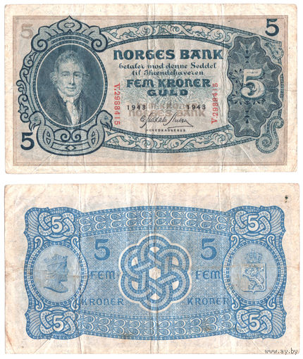 НОРВЕГИЯ 5 Крон 1943 г., P-7c (Вильгельм Кристи - 1-й Председатель Парламента)