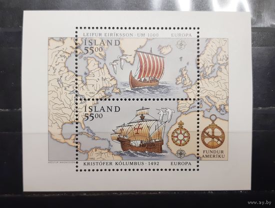 Исландия. 1992 год. Флот. 500-летие открытия Америки. Христофор Колумб. Блок (939)