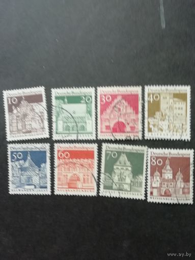 ФРГ 1967 Восемь марок из серии "Стандарт. Памятники архитектуры" (гашеные без клея) Мi. 490-492,494-498 каталог 5.80 евро