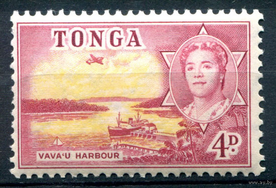 Британский протекторат - Королевство Тонга - 1953г. - ландшафты, лодка, самолёт, королева Салоте Тупоу III, 14 P - 1 марка - MLH [Mi 105]. #4-B5-106-A-1