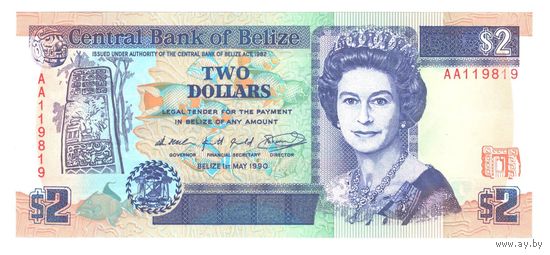Белиз 2 доллара 1990 года. Тип Р 52а. Состояние UNC!