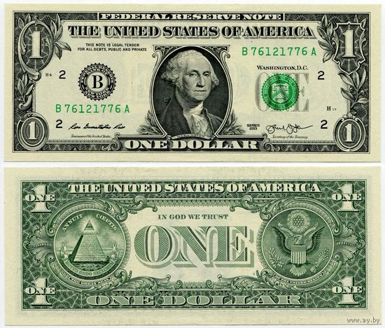 США. 1 доллар (образца 2013 года, B, Нью-Йорк, P537, UNC)