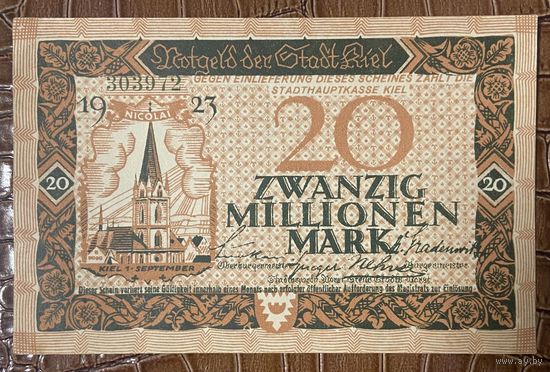 Банкнота 20 миллионов марок 1923 год. Киль. Веймарская республика.