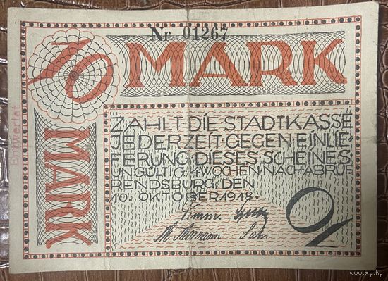 Банкнота 10 марок 1918 год. Рендсбург. Веймарская республика.