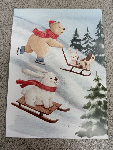 Открытка зверята на санках. Заяц, Мишка, собака, кролик. Новый год. Чистая