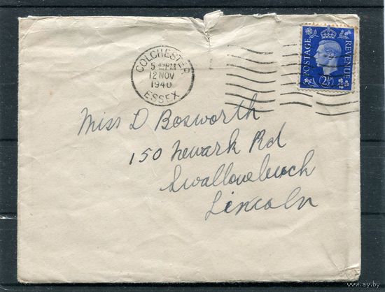 Великобритания. Конверт прошедший почту. Штемпель города Колчестер, графства Эссекс 1940