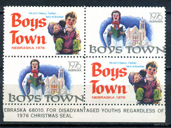 США, виньетки - 1976г. - Рождество, Новый Год. Boys Town - 1 кварт - MNH. Без МЦ!