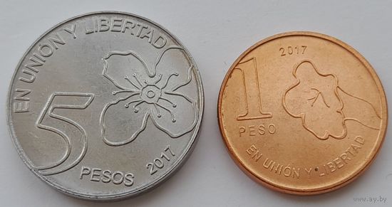 Аргентина 1 и 5 песо 2017 года. Фауна. UNC