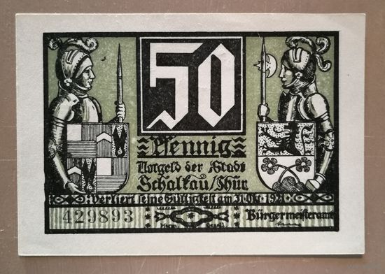 Германия, нотгельды, 50 пфеннигов 1921 год, Веймарская республика, город Шалькау (Тюрингия), S20.5, В2, вар. 6