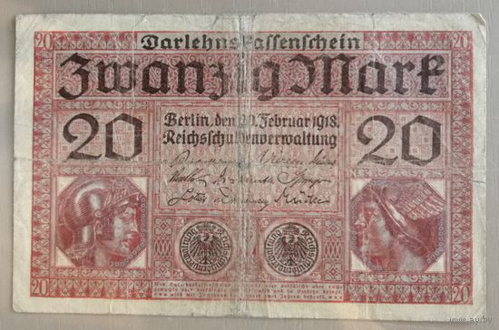 Германия рейхсбанк, 20 марок 1918 г., Ro.55	DEU-62, X.#7. Серии A - Z.