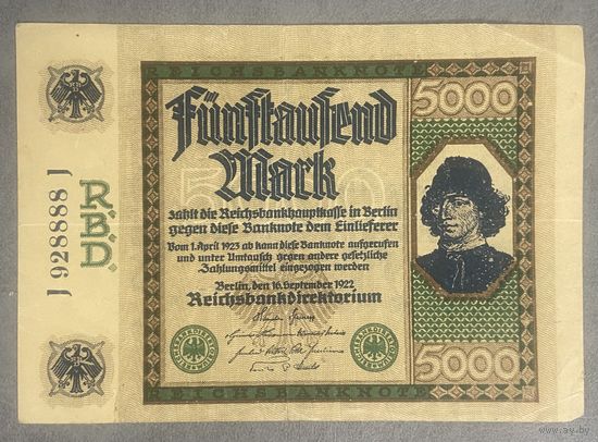Банкнота 5000 марок 1922 год. Веймарская республика