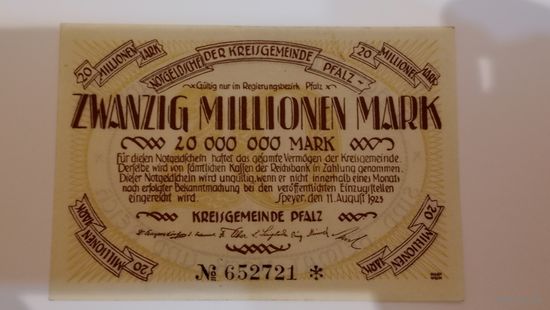 Германия 20 миллионов марок 1923 Пфальц