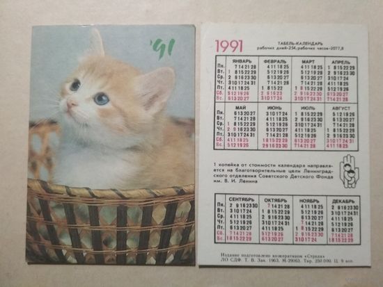 Карманный календарик. Котик. 1991 год