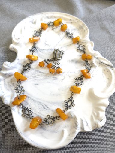 Винтажные бусы-колье и серьги из натурально янтаря желток, латунь, бронза