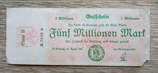 Werty71 Германия 5 миллионов 5000000 марок 1923 Гладбах  5 000 000 банкнота гроссгельд