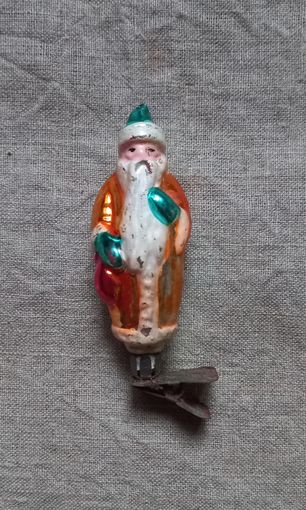 Ёлочная игрушка СССР Дед Мороз с мешком прищепка стекло