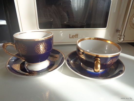 2 чайные пары. Золотые ручки. Фарфор, кобальт с позолотой. Редкость. СССР. 20 руб за пару.
