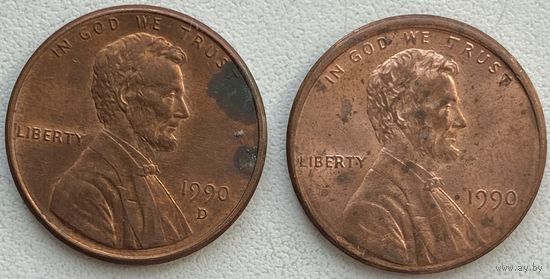 США 1 цент 1990, 1990D гг. Цена за пару