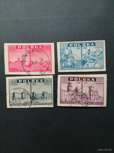 Польша 1945 Неполная серия марок "Взгляд из Варшавы: до и после ее разрушения" (гашение без клея, наклейки) Mi.414-415, 417, 419 каталог 1.40 евро