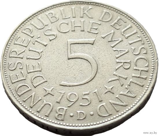 Германия, 5 марок 1951 D. Симпатичные. С рубля.
