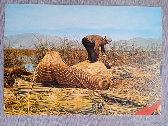 Этнография. Перу, Пуно. Индеец Урос строит лодку