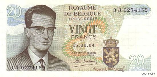 Бельгия 20 франков образца 1964 года UNC p138(2)