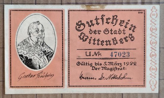 Германия 50 пфеннигов 1922 г Виттенберг, N 1443.3, литера U