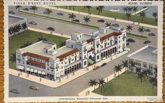 США Америка Майами Флорида отель MIAMI Florida Postcard VILLA D'ESTE HOTEL Biscayne Deckled Linen c 1937