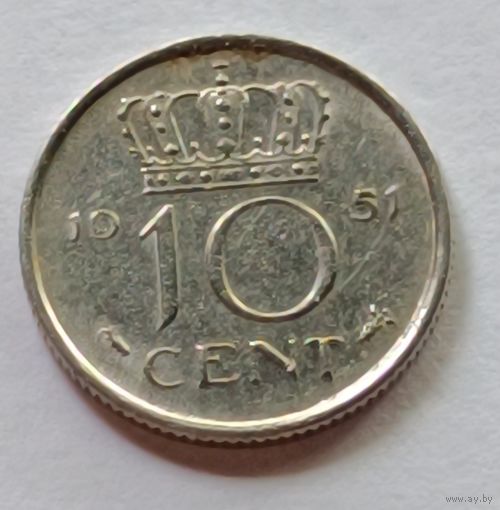 Нидерланды. 10 центов 1951 года.