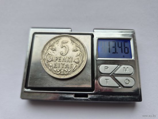 5 лит Литва, Первая Республика (1925 - 1938), 1925 года. Серебро 500. Монета не чищена. L45460.