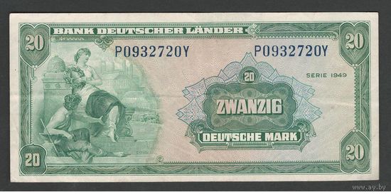 Германия ФРГ 20 марок 1949 года. Тип Р-17а. Состояние XF+