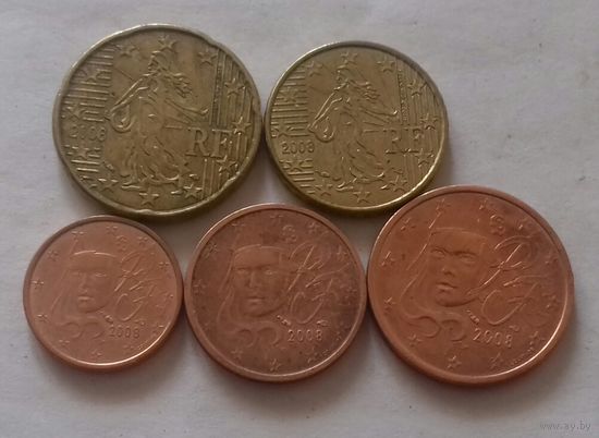 Набор евро монет Франция 2008 г. (1, 2, 5, 10, 20 евроцентов)