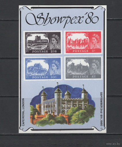Великобритания /Great Britain 1980** Выставка почтовых марок в Лондоне Showpex`80 Королева Елизавета II Сувенирный блок б/зуб