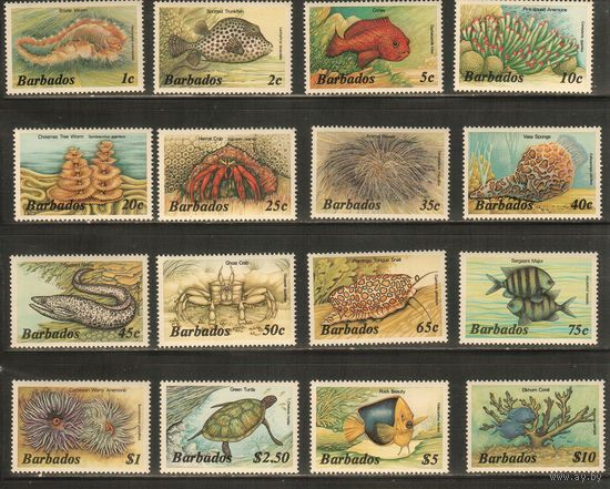 Барбадос-1985(Мих.617-632 ) , ** , Морская  Фауна, Рыбы,Раковины, Раки, Черепахи(полная серия)