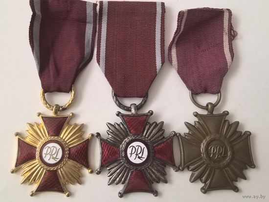 Комплект крестов PRL . Золотой. Серебряный. Бронзовый. Крест Заслуг, Польша.