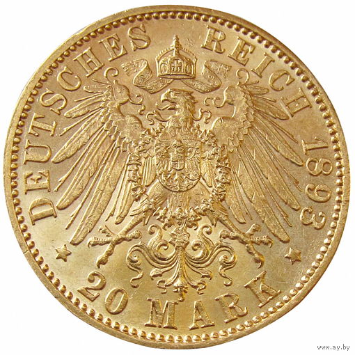 Пруссия, 20 марок 1893 г. (А), состояние Unc, золото 900/ 7,97 г, мон. дв. Берлин, Вильгельм II, KM# 521. Связь по телефону или мессенджеру.