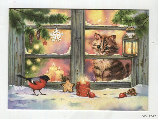 Открытка. С новым годом! Ёлочка. Фауна. Животные. Кот. Котик. Котёнок. Ёлочные игрушки. Снегирь. Худ. Е.Чистотина (чистая)